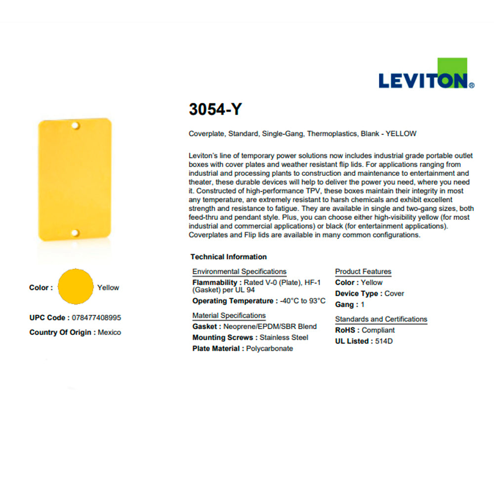 PLACA CIEGA PARA CAJA PORTATIL DE 1 GANG AMARILLA LEVITON