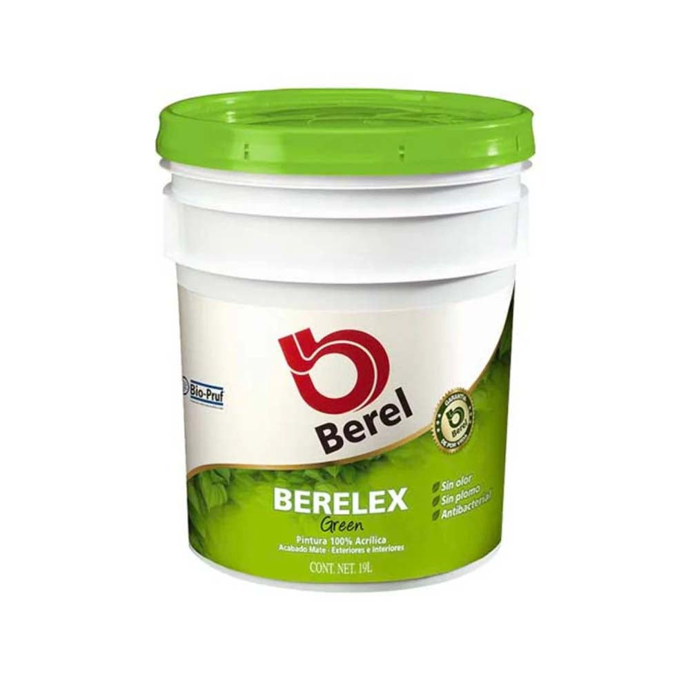 PINTURA 100% ACRILICA BERELEX GREEN BLANCO/PASTEL MATE SERIE 2300 ACRILICA ANTIBACTERIAL CUBETA 19LT