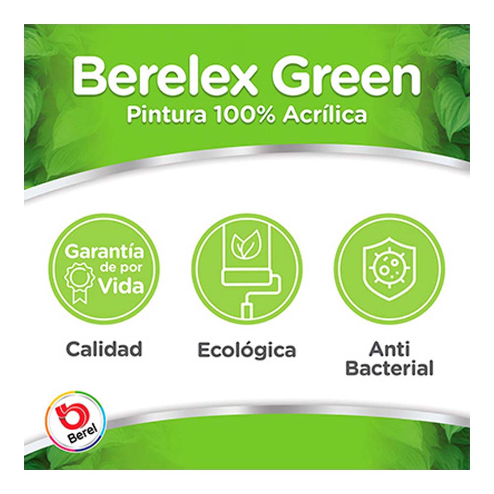 PINTURA 100% ACRILICA BERELEX GREEN BLANCO/PASTEL MATE SERIE 2300 ACRILICA ANTIBACTERIAL CUBETA 19LT