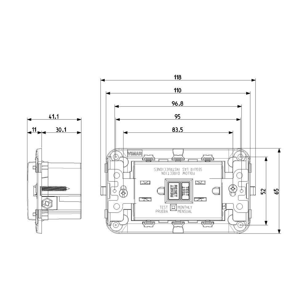 TOMA DUPLEX 2P+T USA 15A/127V. CON GFCI BLANCO 14296 PLANA VIMAR