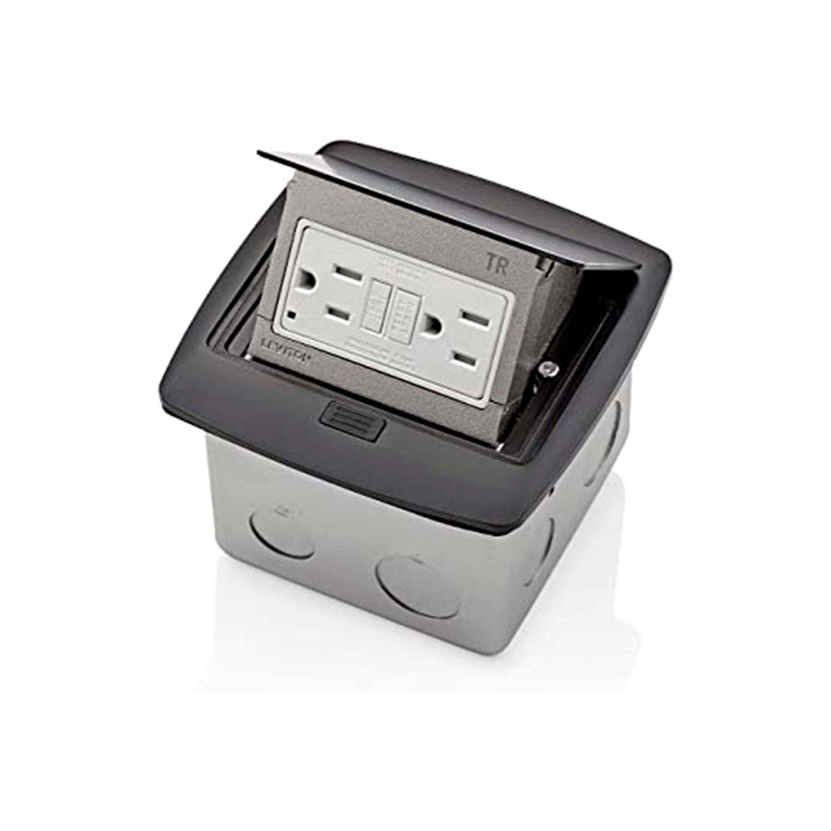 CAJA PARA PISO EMERGENTE 15A. SALIDA GFCI AUTOPRUEBA RESISTENTE A MANIPULACIONES NEGRO LEVITON