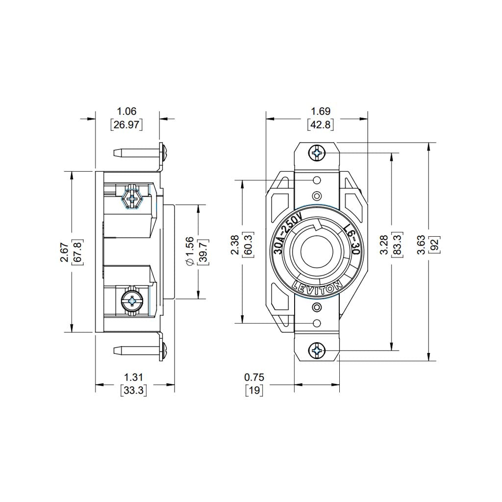 CONTACTO INDUSTRIAL MEDIA VUELTA TIERRA AISLADA 2P-3H 30A/250V. *** OFRECER AHL630P *** LEVITON
