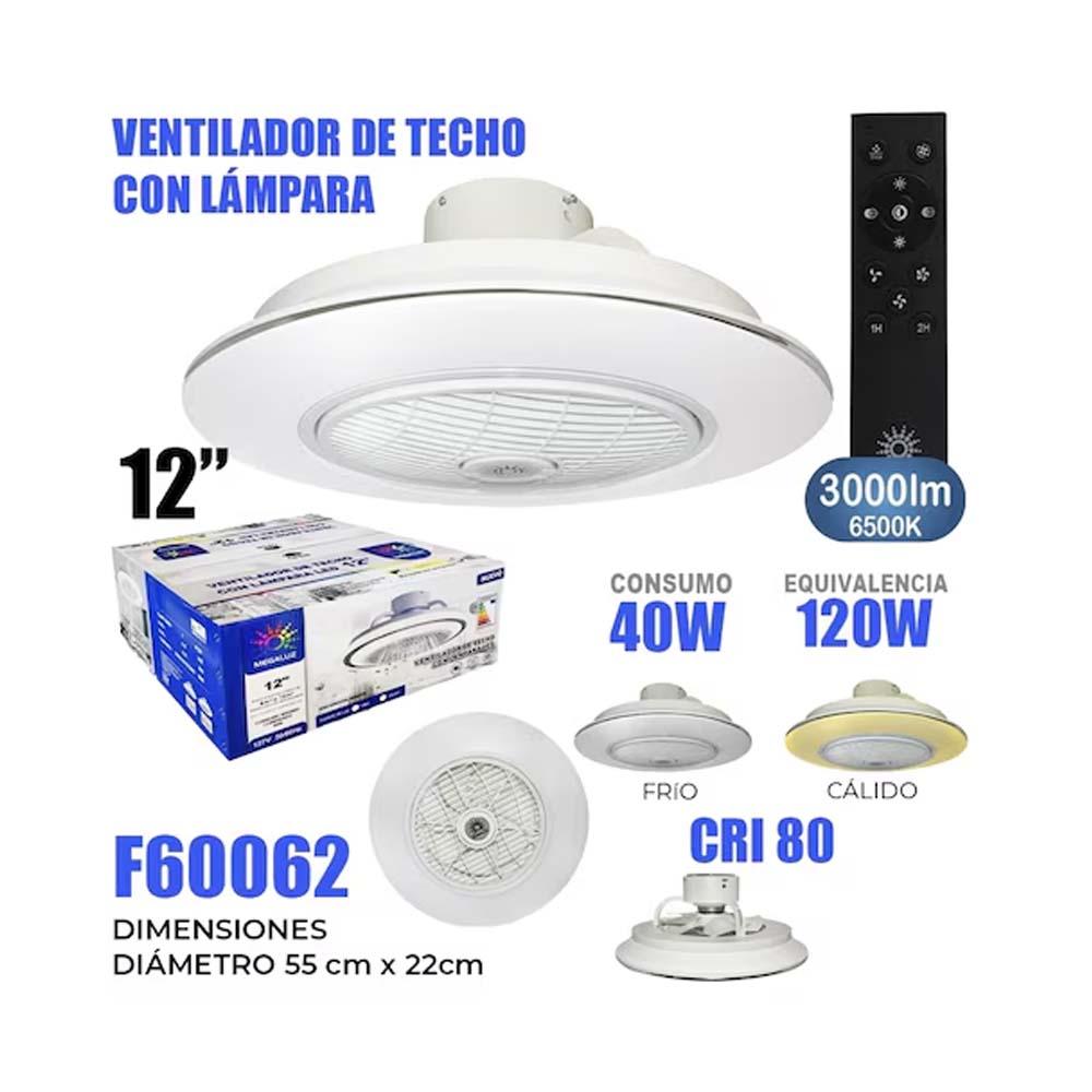 VENTILADOR DE TECHO 12" CON LAMPARA LED  6500K 40W INCLUYE CONTROL MEGALUZ