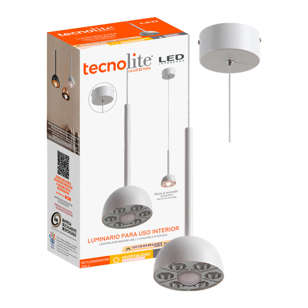 LAMPARA COLGANTE LED METAL 1.5M 9W LUZ CALIDA BRILLANTE IRC90 NO ATENUABLE BCO