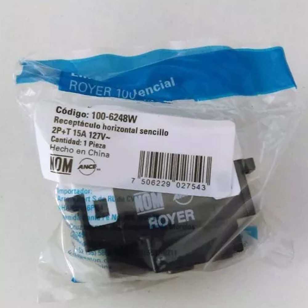 RECEPTACULO H SENCILLO 2P+T 15A/127VCA. 100-6248W ROYER 100