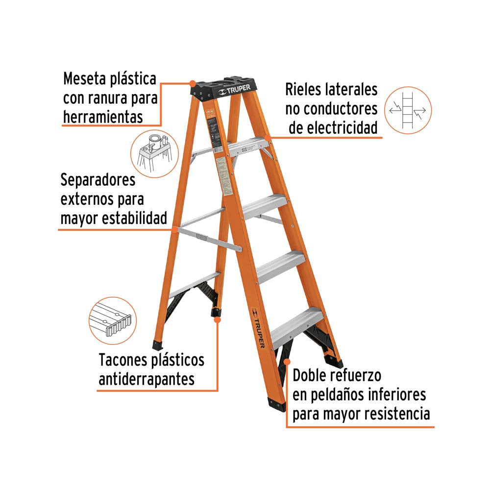 ESCALERA DE TIJERA TIPO LL 4 PELDAÑOS FIBRA DE VIDRIO EST-24FV MCA TRUPER