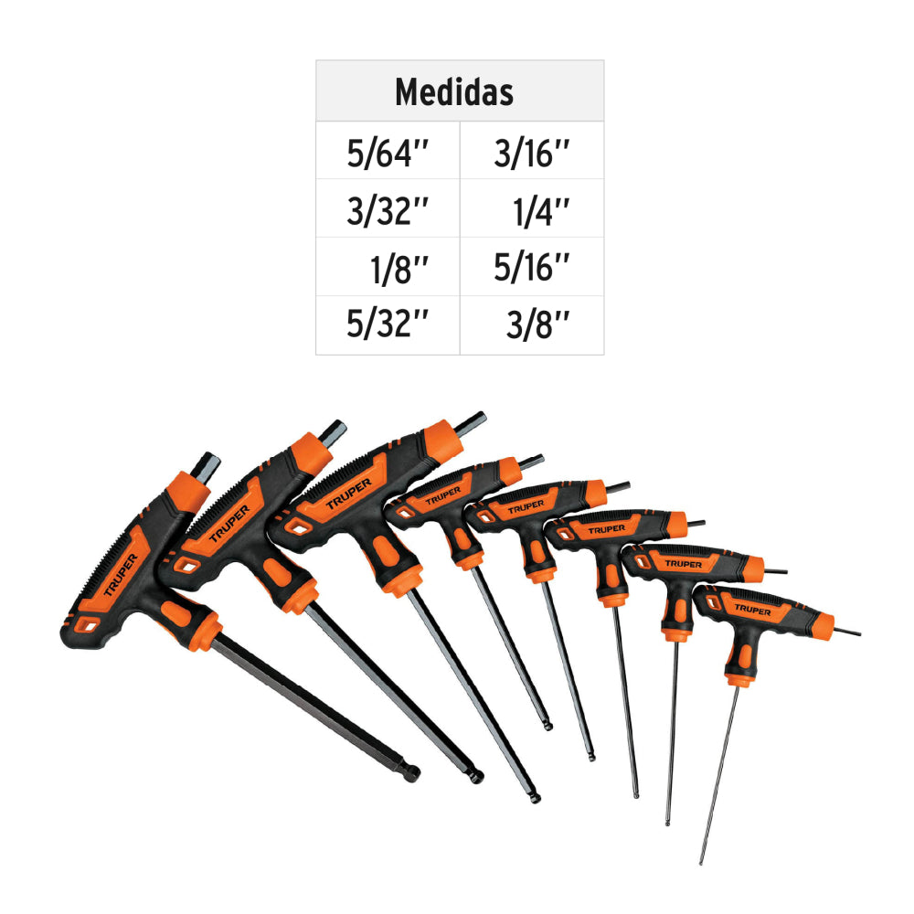 JUEGO 8 LLAVES ALLEN STD EXTRALARGAS MANGO T PUNTA DE BOLA