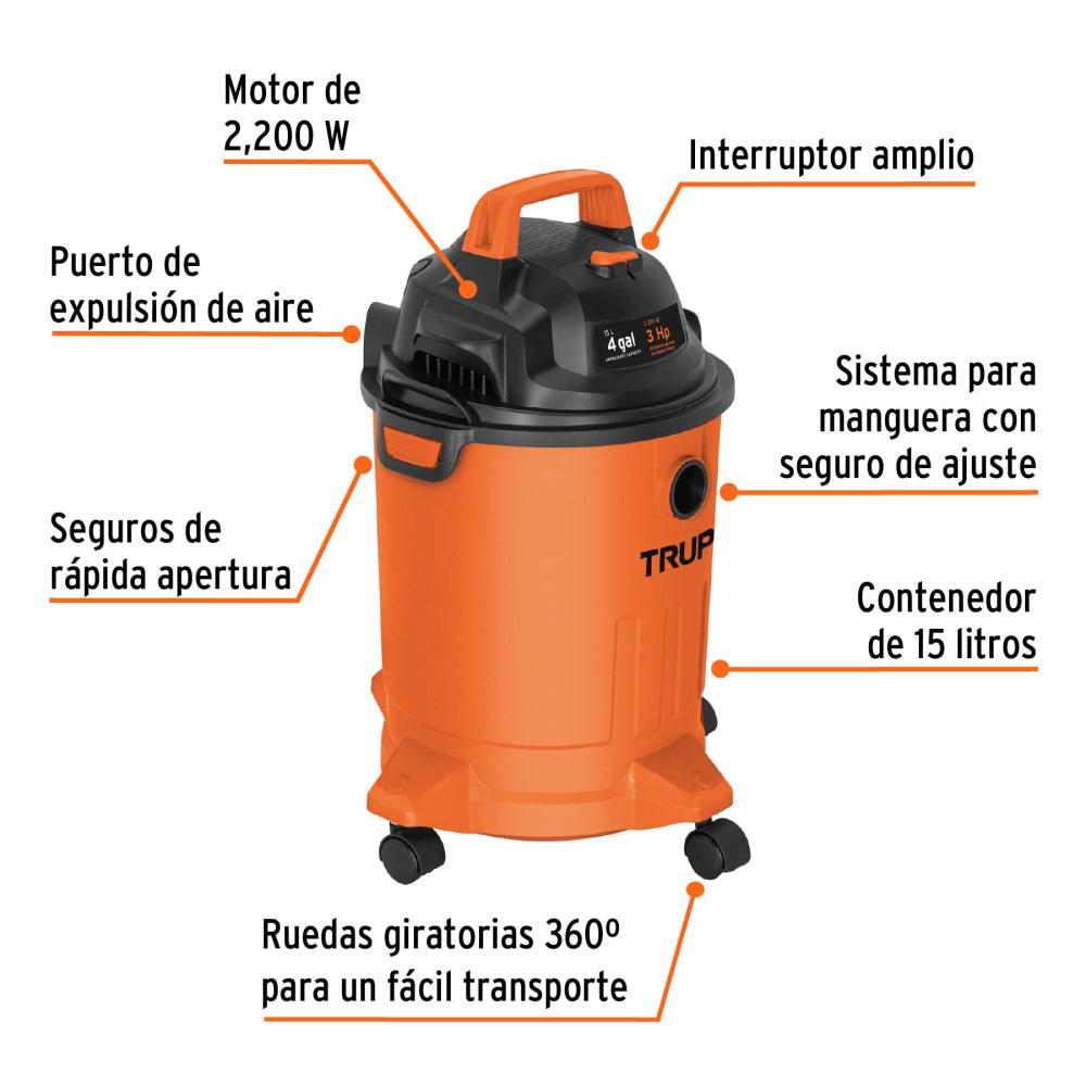 ASPIRADORA PLASTICA PARA LIQUIDOS Y SOLIDOS 15LTS. (5 GAL.) 3HP ASP-04 101508 TRUPER