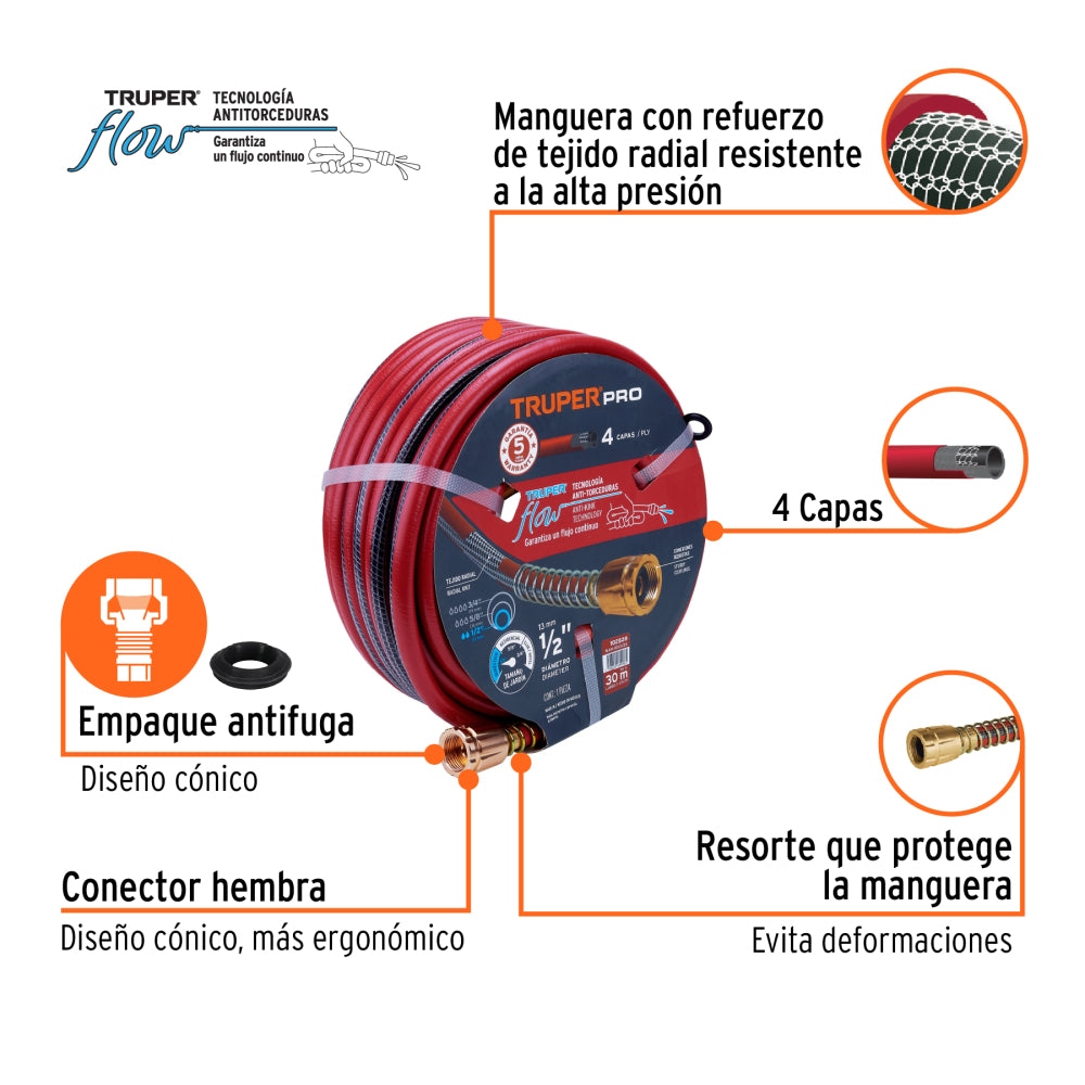 MANGUERA 1/2' SUPER REFORZADA 4 CAPAS 30 M CONEXIONES METAL