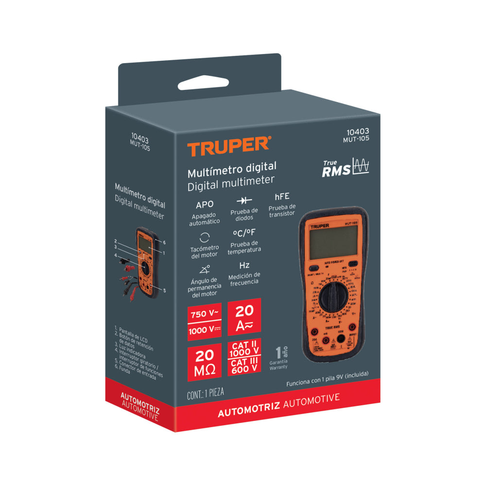 MULTIMETRO DIGITAL PARA MANTENIMIENTO AUTOMOTRIZ CON RMS VERDADERO MUT-105 TRUPER