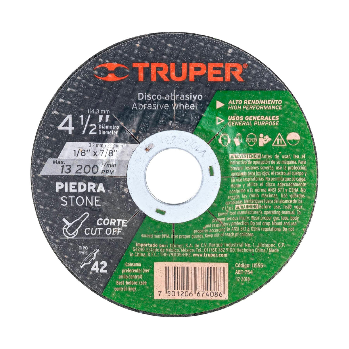 DISCO PARA CORTE DE PIEDRA TIPO 42 DIAMETRO 4-1/2" MCA TRUPER CONSTRUCCION