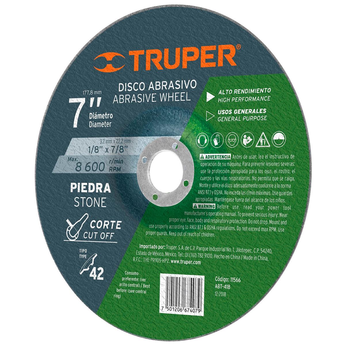 DISCO PARA CORTE DE PIEDRA TIPO 42 DIAMETRO 7" MCA TRUPER CONSTRUCCION