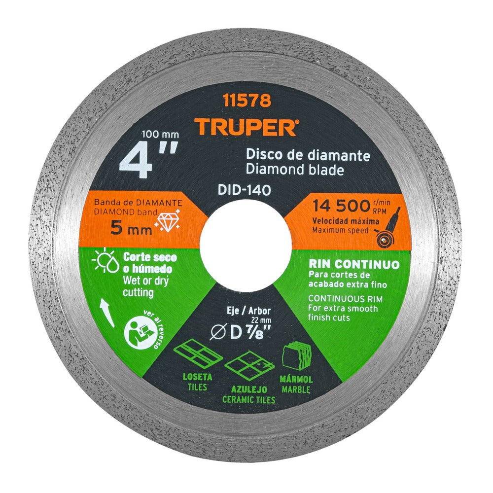 DISCO DE DIAMANTE RIN CONTINUO 4" MCA TRUPER CONSTRUCCION