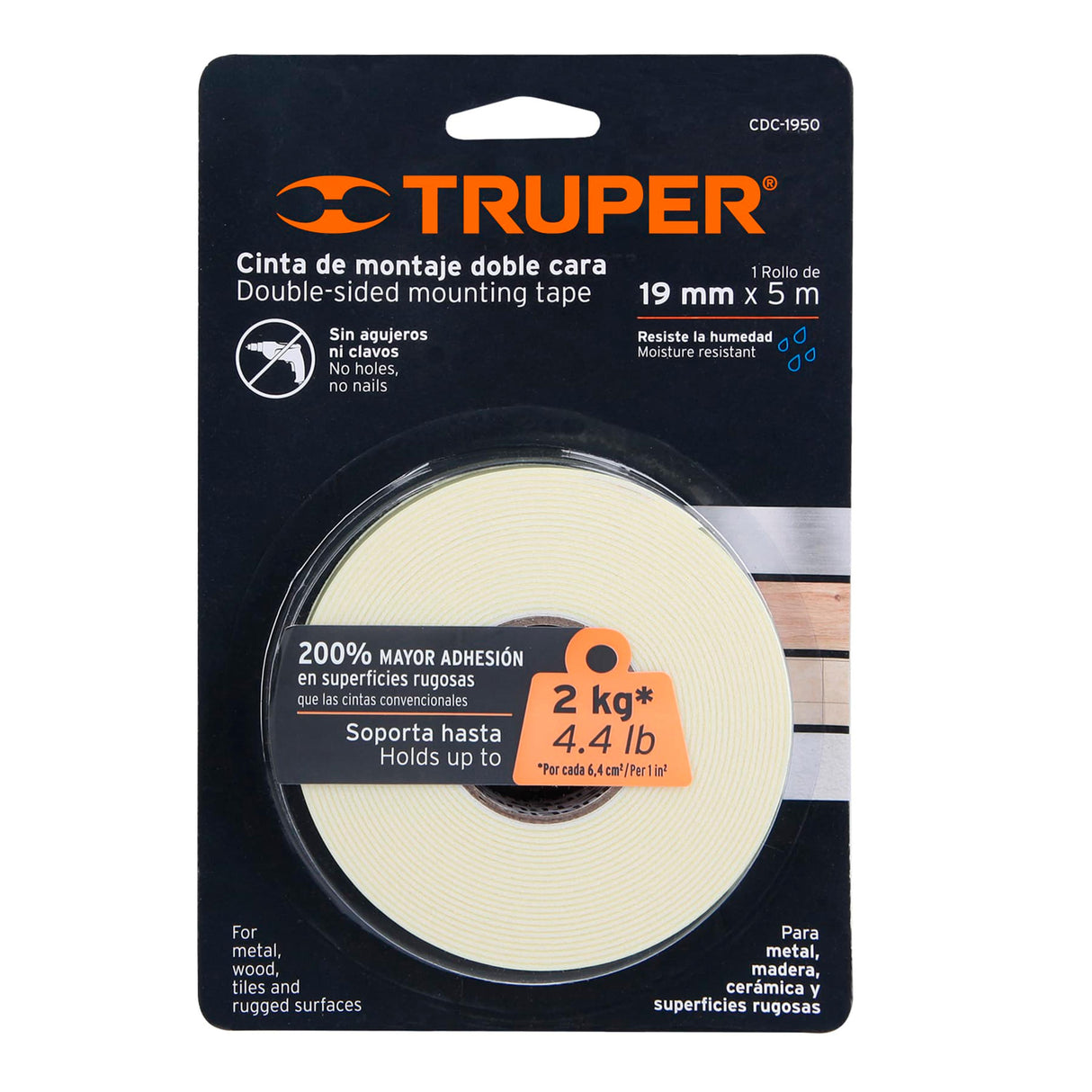 CINTA DOBLE CARA DE 19 MM X 5 M MCA TRUPER CONSTRUCCION
