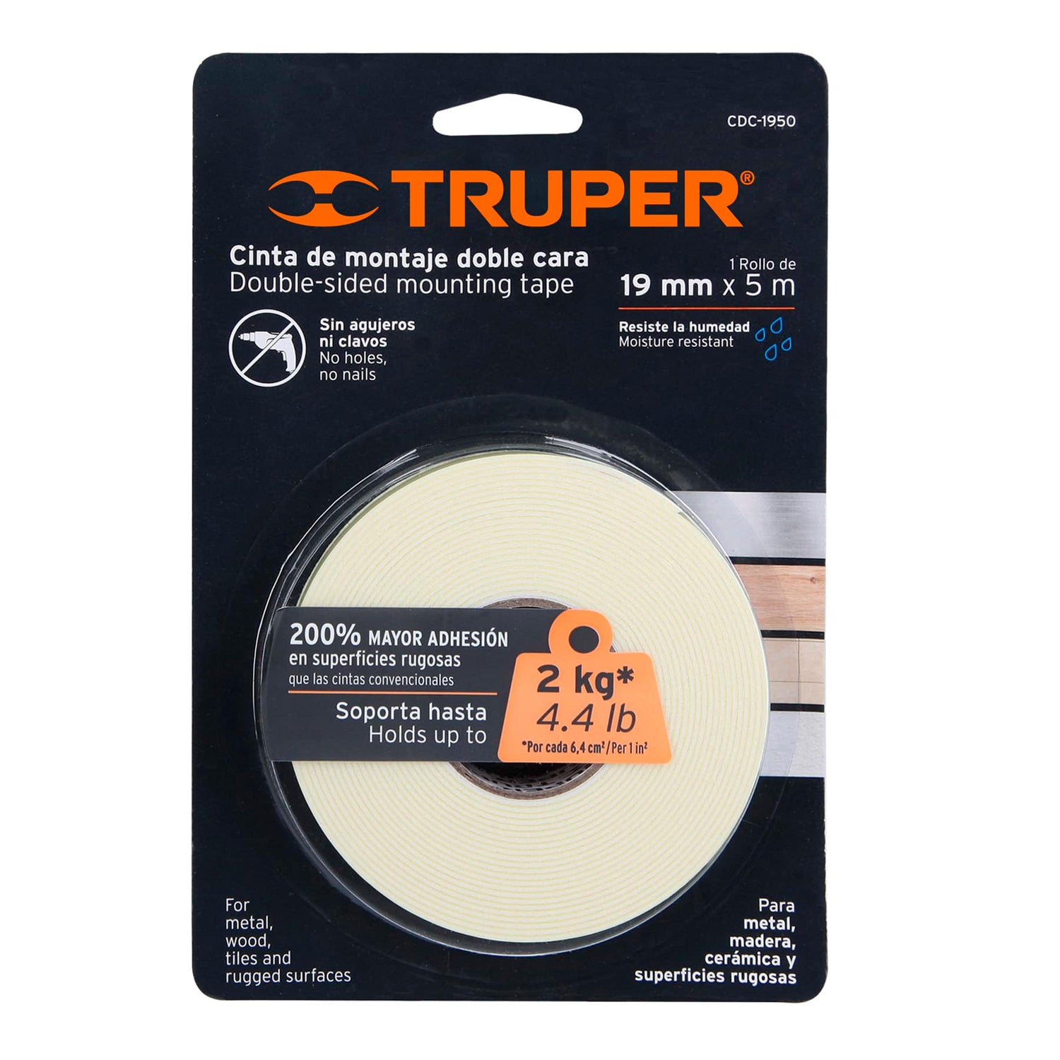 CINTA DOBLE CARA DE 19 MM X 5 M MCA TRUPER CONSTRUCCION