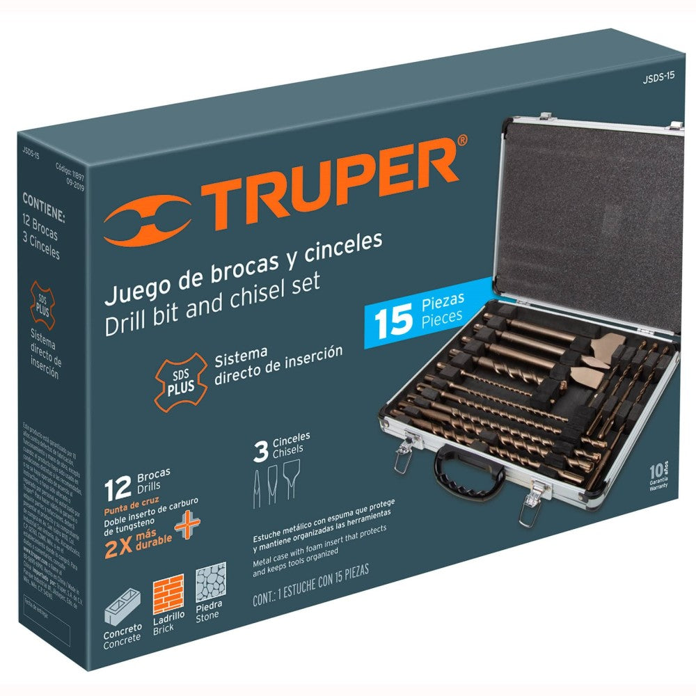 JUEGO DE 15 BROCAS Y CINCELES SDS PLUS EN ESTUCHE TRUPER JSDS-15