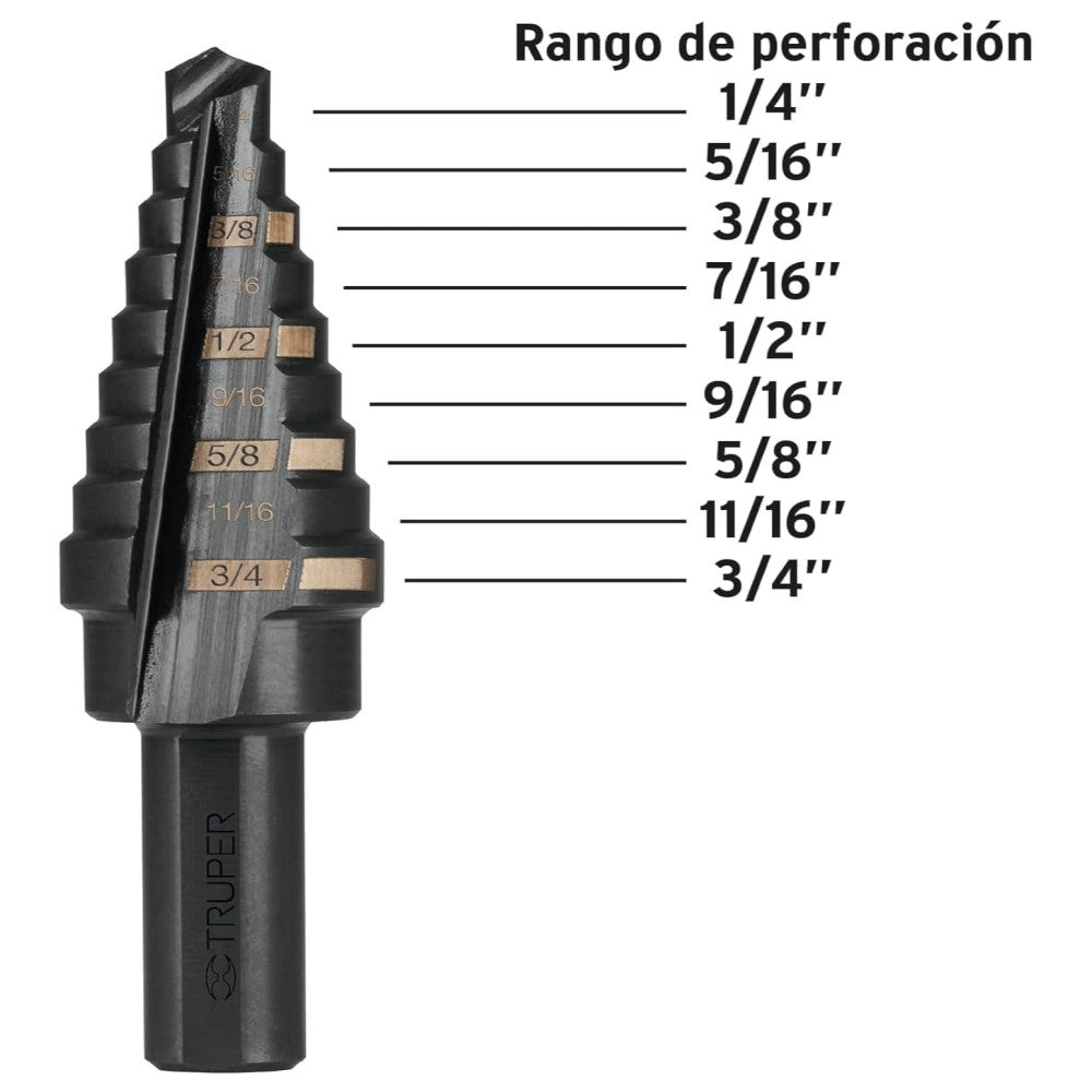 BROCA ESCALONADA OXIDO NEGRO 9 ESCALONES 1/4   3/4  BES-9 MCA TRUPER HERRAMIENTAS