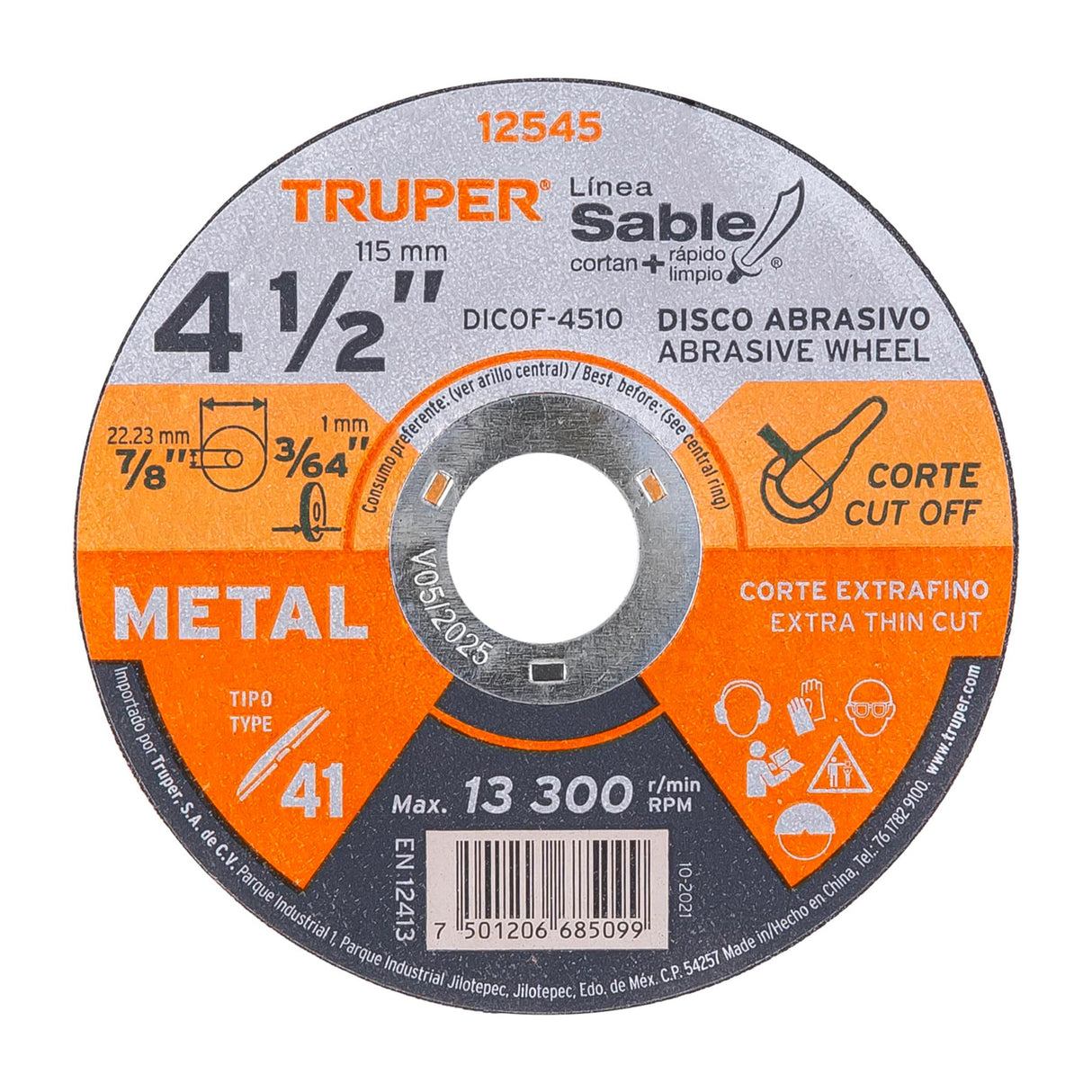 DISCO TIPO 41 CORTE FINO DE METAL LINEA SABLE 4-1/2" MCA TRUPER CONSTRUCCION