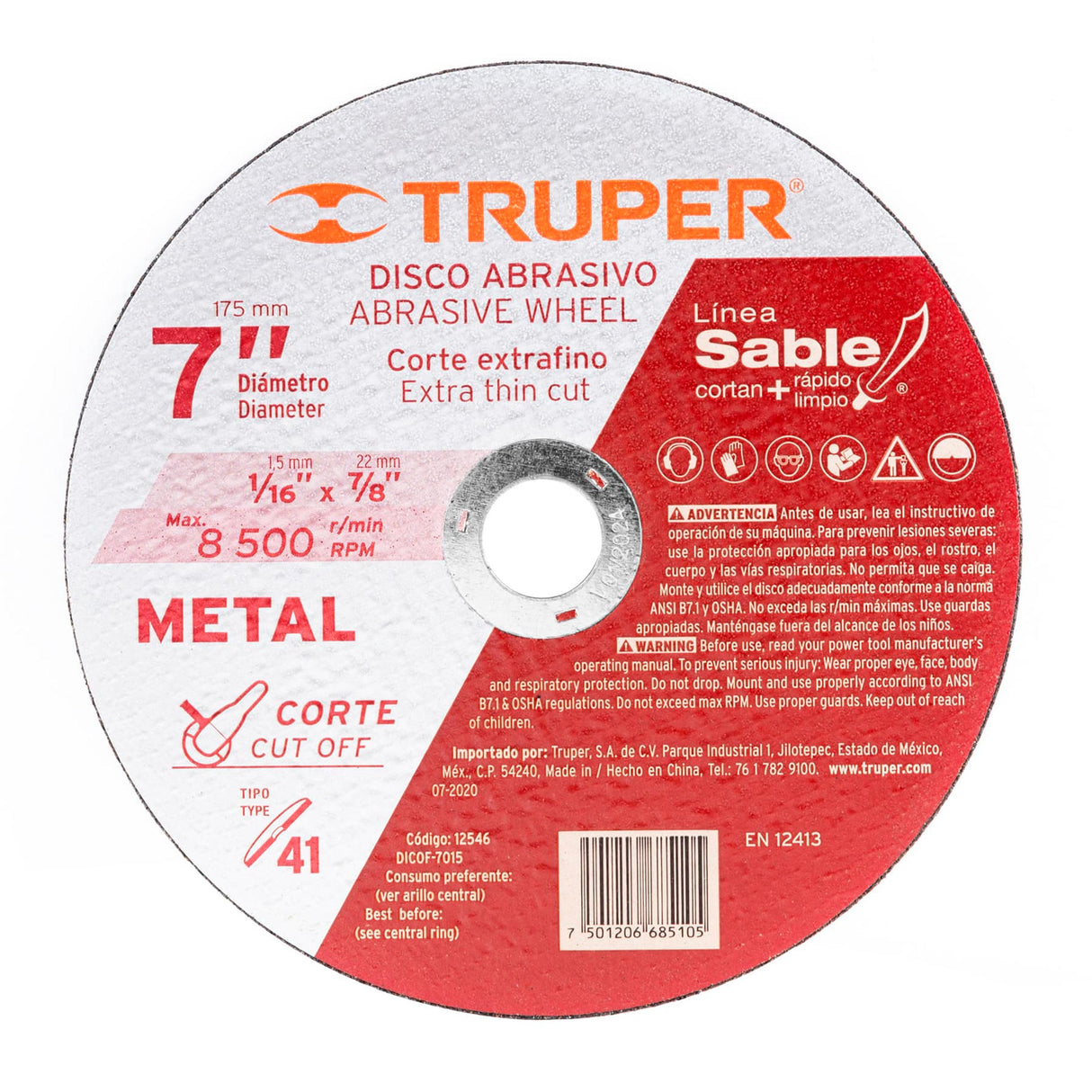 DISCO TIPO 41 PARA CORTE FINO DE METAL LINEA SABLE 7" MCA TRUPER CONSTRUCCION