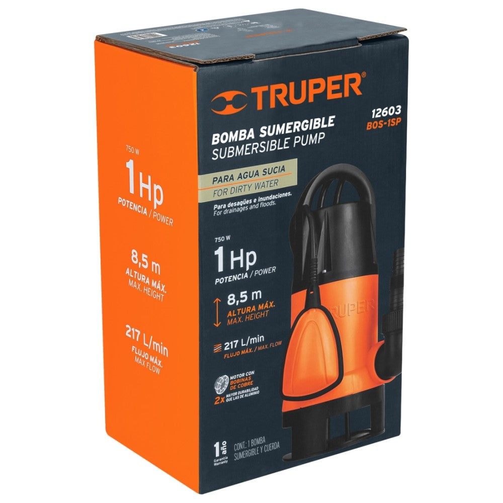 BOMBA SUMERGIBLE PLASTICA PARA AGUA SUCIA 1HP 127V BOS-1SP MARCA TRUPER