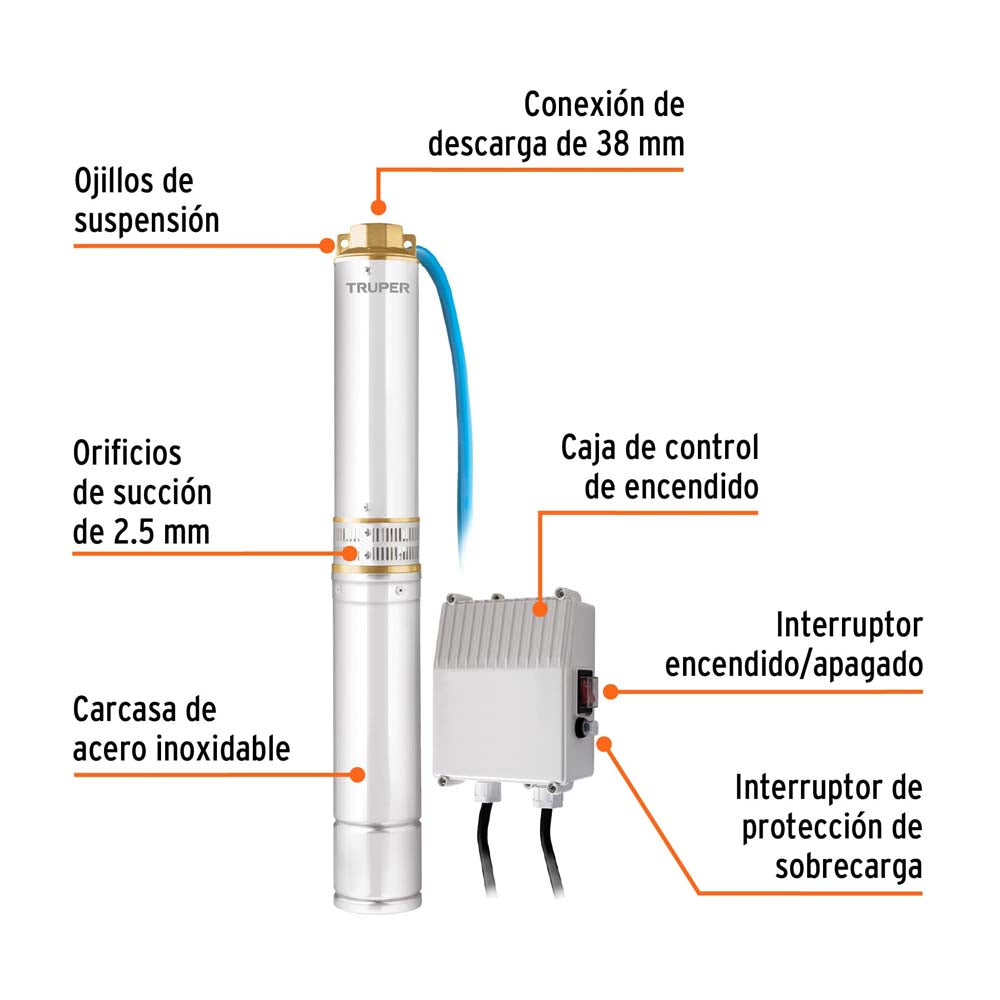 BOMBA SUMERGIBLE PARA POZO PROFUNDO 1HP AGUA LIMPIA 110V/60HZ 12A MCA TRUPER