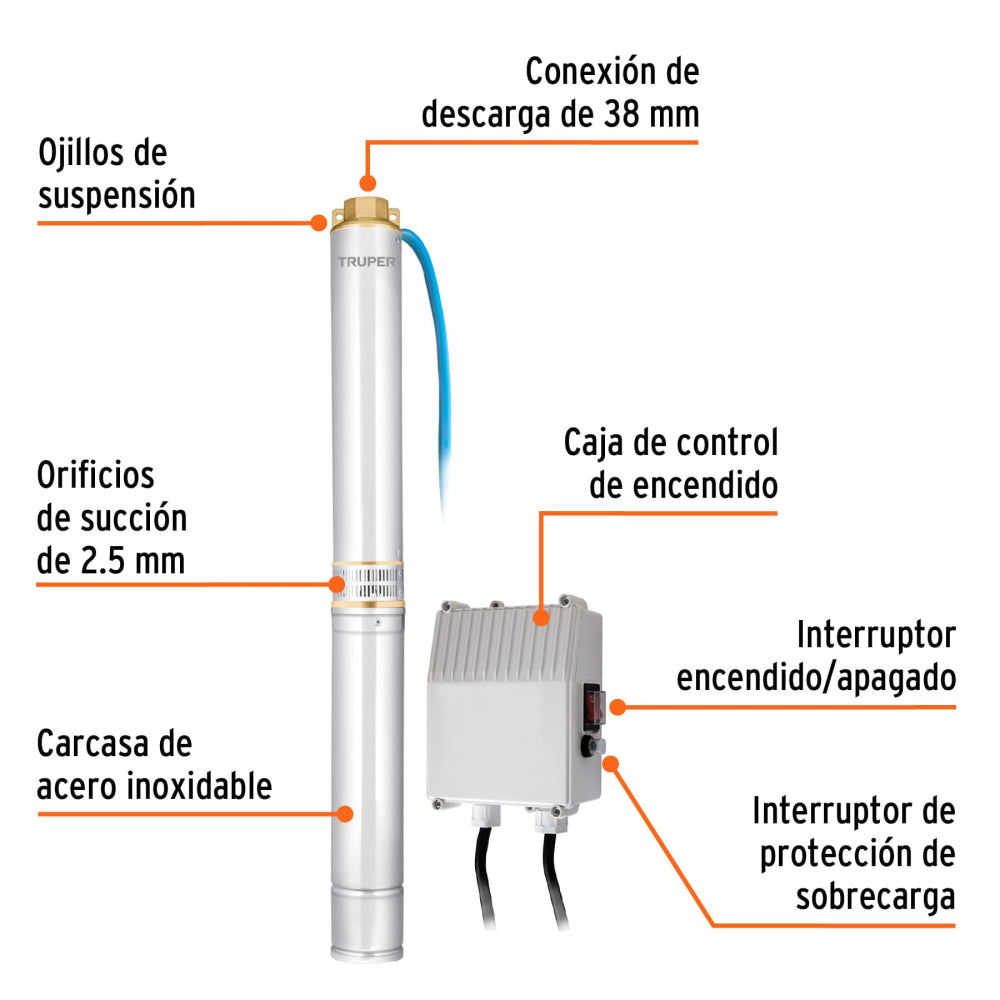 BOMBA SUMERGIBLE PARA POZO PROFUNDO 2HP AGUA LIMPIA 110V/60HZ 20A MCA TRUPER