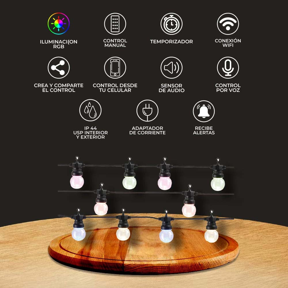 GUIRNALDA SERIE 10 LUCES LED SMART WIFI 7MTS. RGB + BLANCO COMPATIBLE APPMOVIL Y ASISTENTE VOZ ***TECNOLITE HAE***
