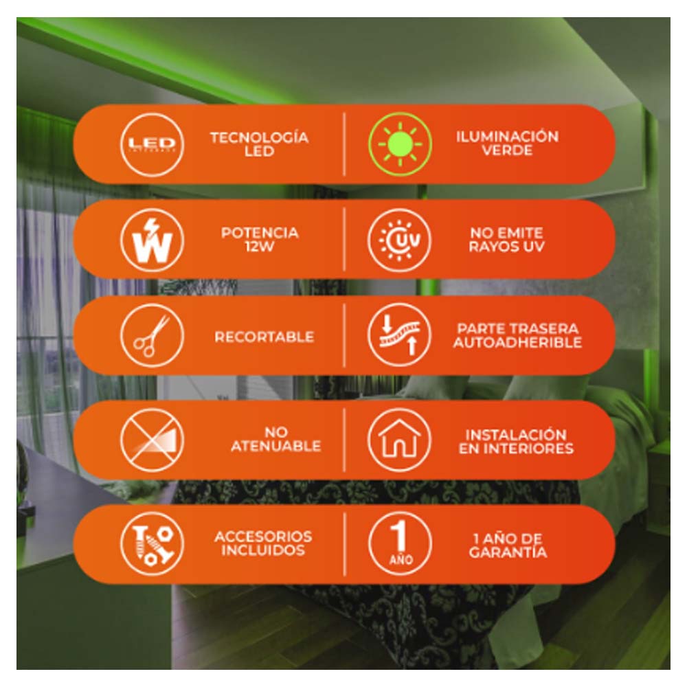 TIRA LED INT/EXT 12W 100V-240V IRC80 LUZ VERDE IP20 CONTROLADOR Y ELIMINADOR IP44140 25000HR BLANCO/TRANSPARENTE
