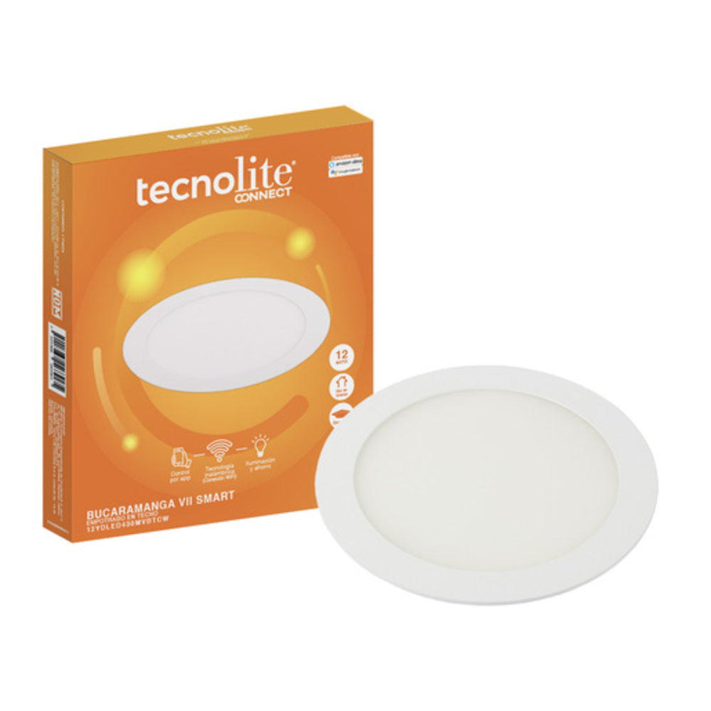 LÁMPARA EMPOTRABLE LED TECNOLITE BUCARAMANGA VII SMART 12W LUZ BLANCA DINÁMICA ATENUABLE COMPATIBLE CON APP MÓVIL Y ASISTENTES DE VOZ