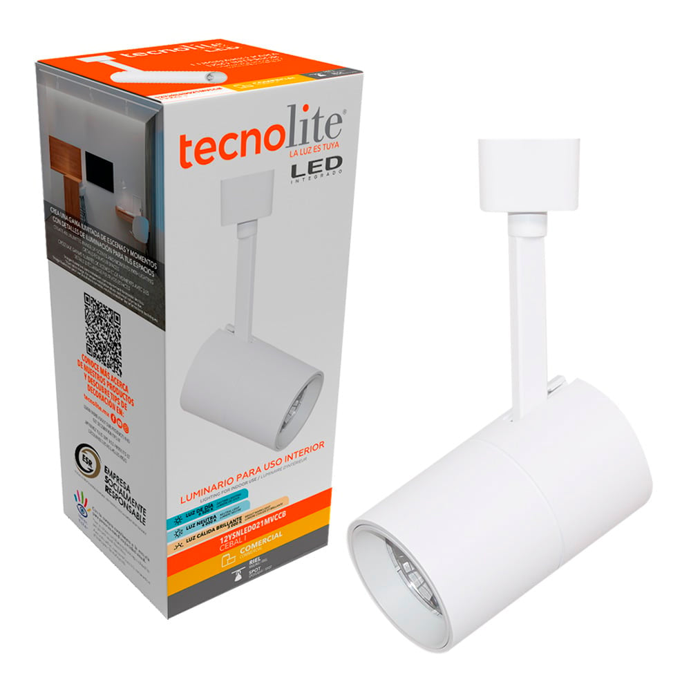 LAMPARA SPOT LED DE RIEL DIRIGIBLE 12 W LUZ BLANCA AJUSTABLE IRC 90 NO ATENUABLE 12YSNLED021MVCCB