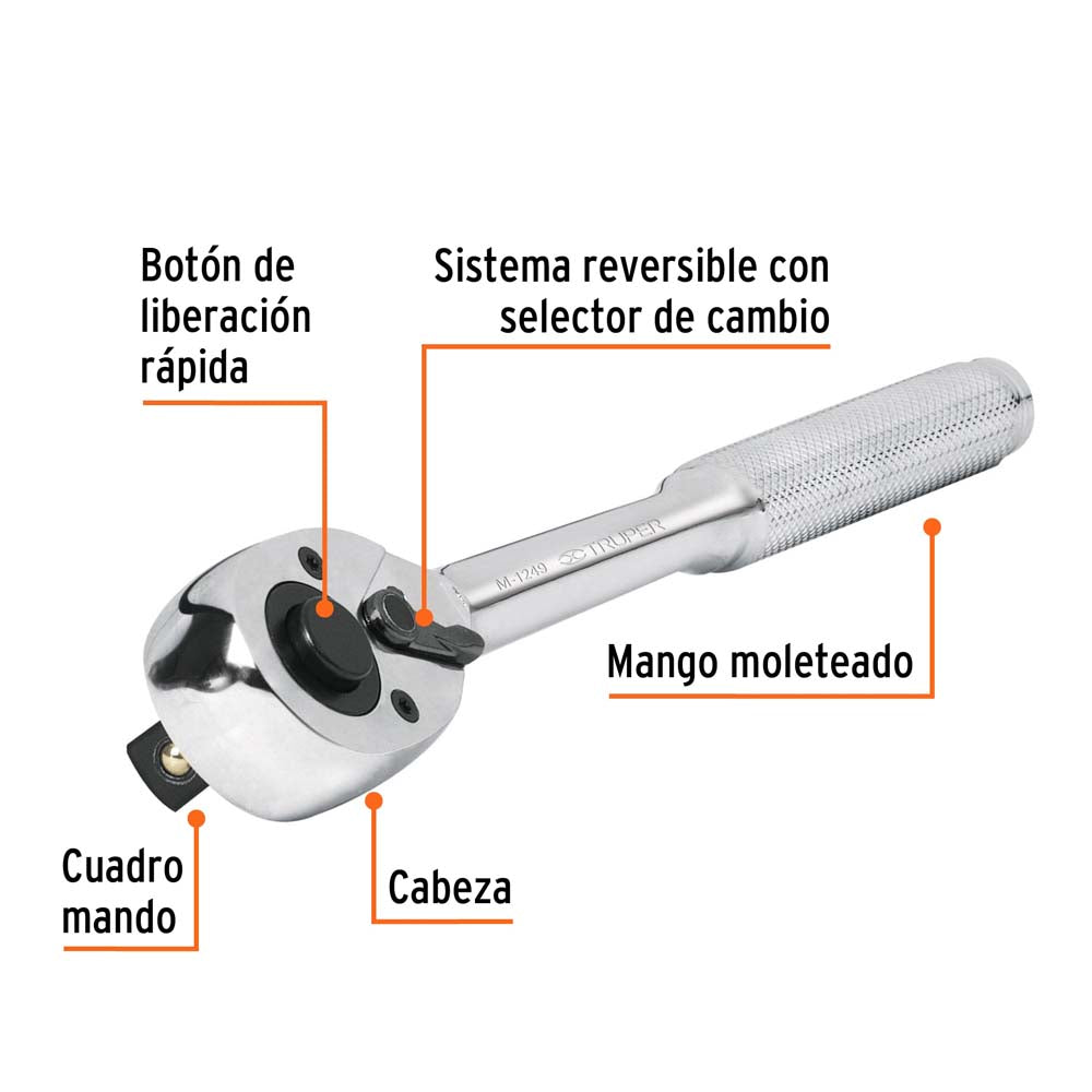 MATRACA LIBERACION RAPIDA CABEZA DE PERA CUADRADO 1/2" MANGO DE GOMA MCA TRUPER MECANICA