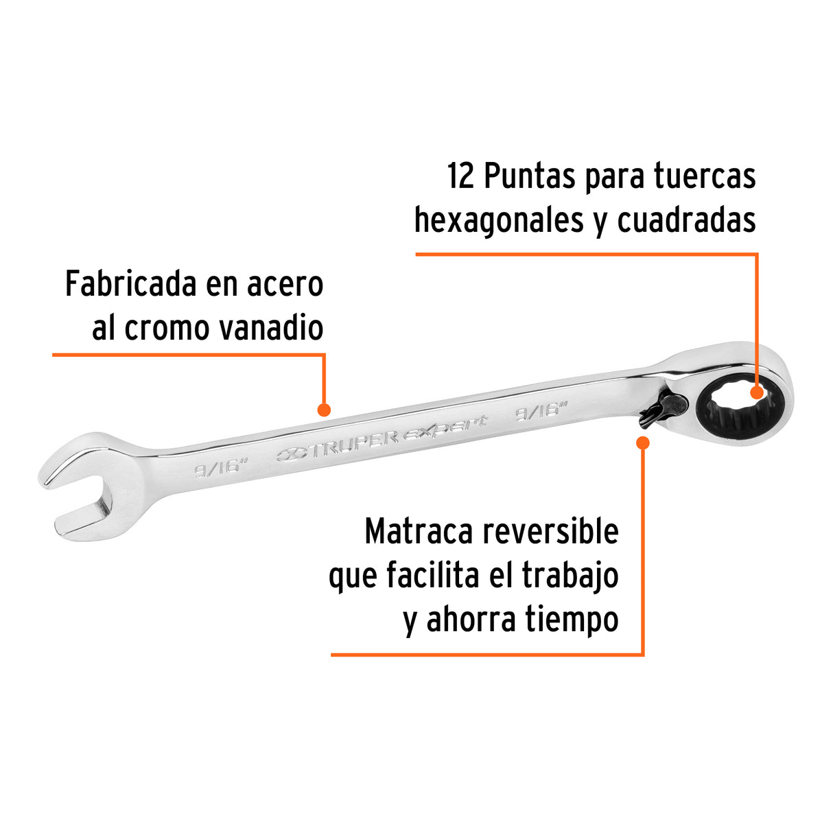 LLAVE COMBINADA MATRACA REVERSIBLE 9/16"X188 MM LARGO EXPERT LL-2018XR