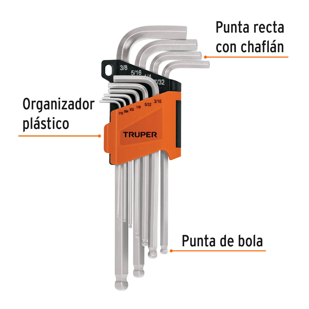 JUEGO DE 10 LLAVES ALLEN PUNTA BOLA LARGAS STANDARD MCA TRUPER