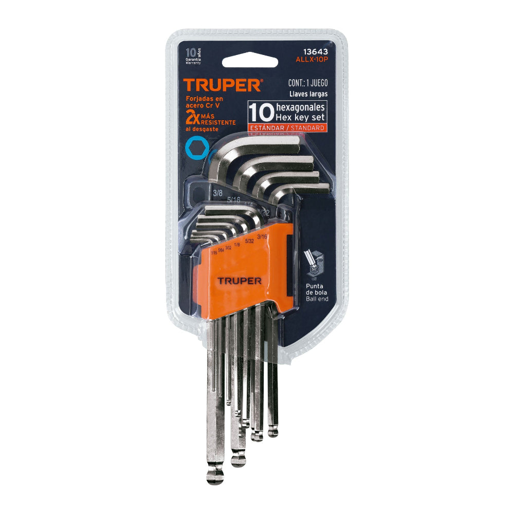 JUEGO DE 10 LLAVES ALLEN PUNTA BOLA LARGAS STANDARD MCA TRUPER