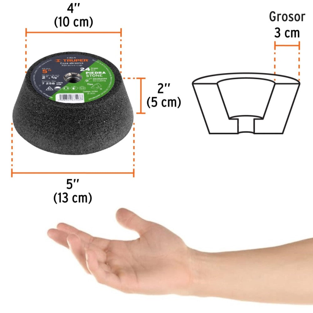 COPA DESBASTE DE PIEDRA 5" GRANO 24 EJE 5/8-11 TRUPER