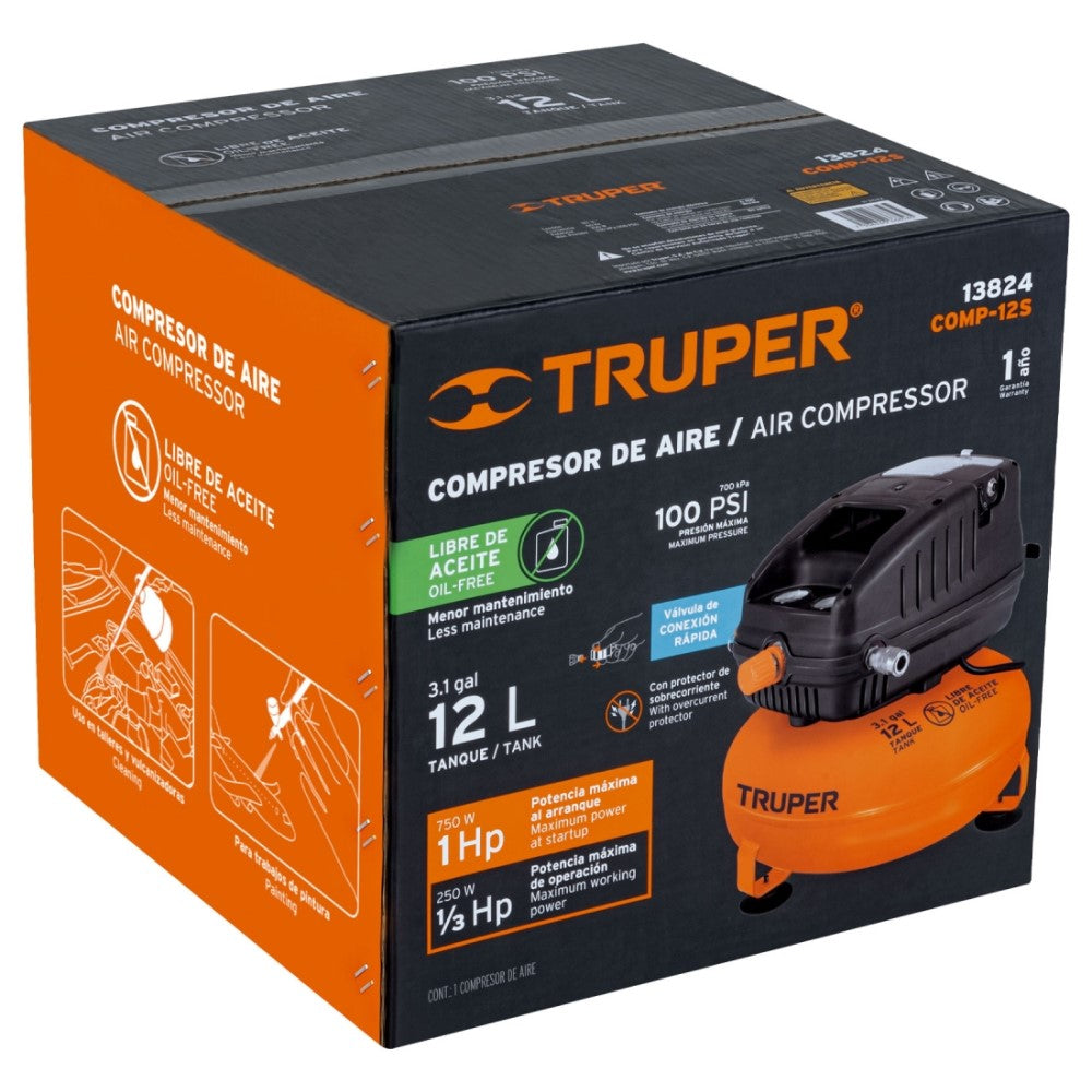 COMPRESOR DE AIRE LIBRE DE ACEITE 12L 1HP POTENCIA MAX. MCA TRUPER