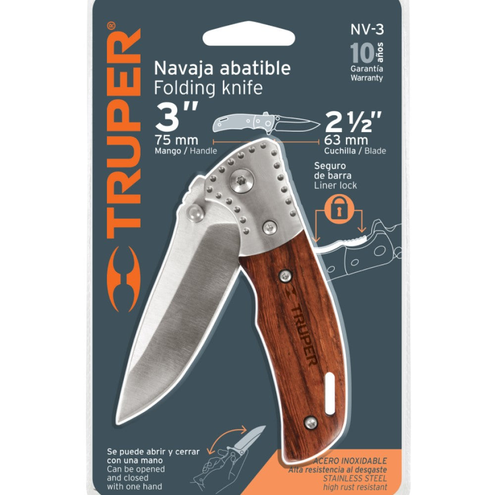NAVAJA ABATIBLE MANGO MADERA HOJA 2 3/4" (7CM) CACHA 3 1/2" (9CM) NV-3 13889 TRUPER