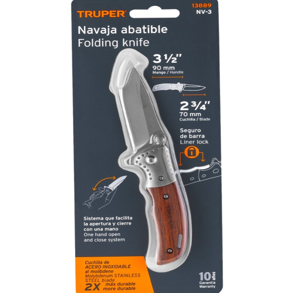 NAVAJA ABATIBLE MANGO MADERA HOJA 2 3/4" (7CM) CACHA 3 1/2" (9CM) NV-3 13889 TRUPER