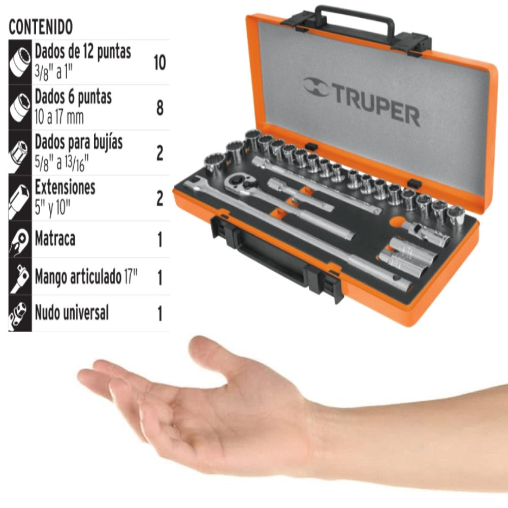 JUEGO DE 25 HERRAMIENTAS CUADRO 1/2' STD Y MM PARA MECANICO TRUPER