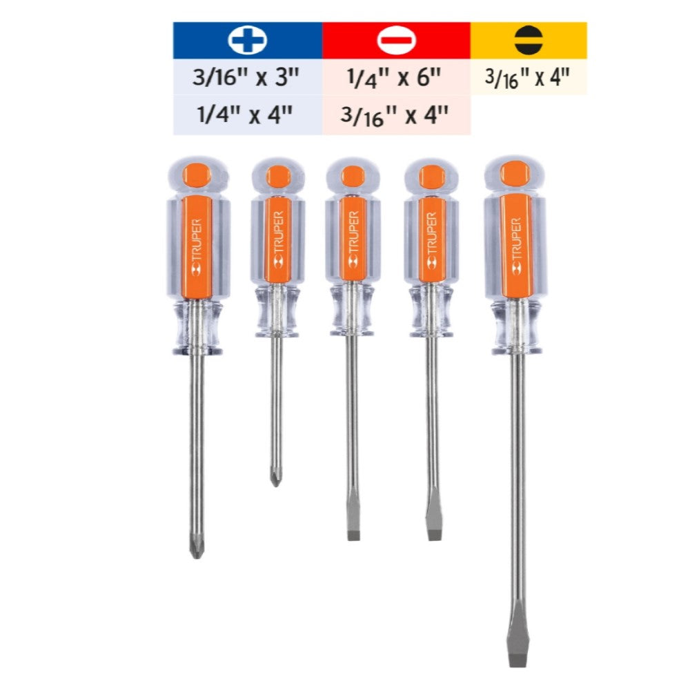 JUEGO DE 5 DESARMADORES MANGOS DE ACETATO TRUPER