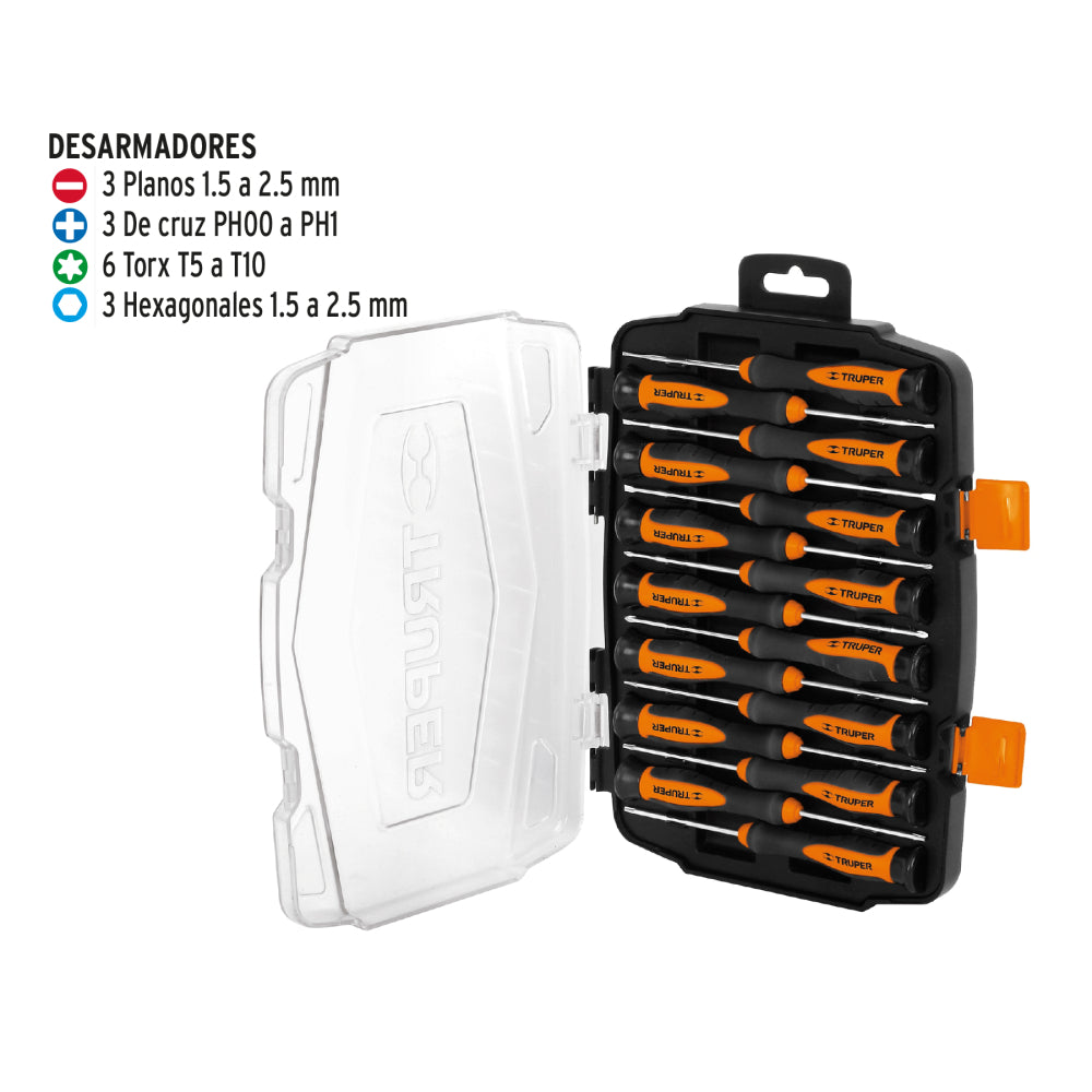 JGO CON DESARMADORES LARGOS (150MM) DE PRECISION 15PZA JOY-15L MCA TRUPER