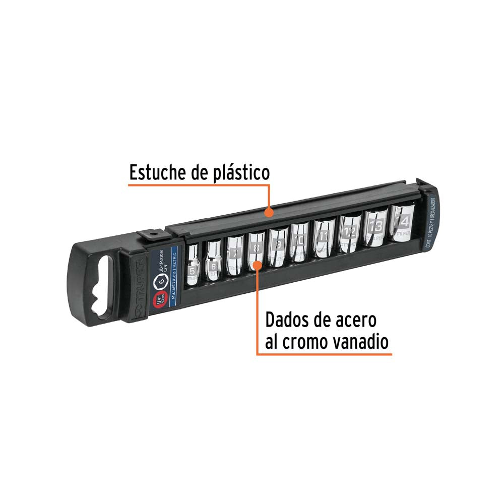 JUEGO DE 10 DADOS CUADRADO 1/4" MM TRUPER
