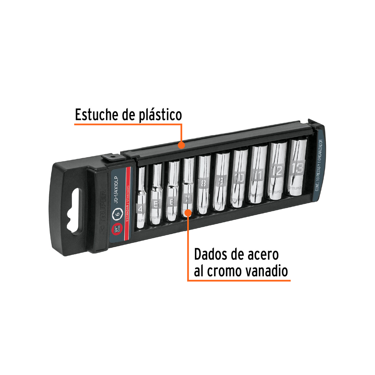 JUEGO DE 10 DADOS LARGOS CUADRO 1/4" STD TRUPER