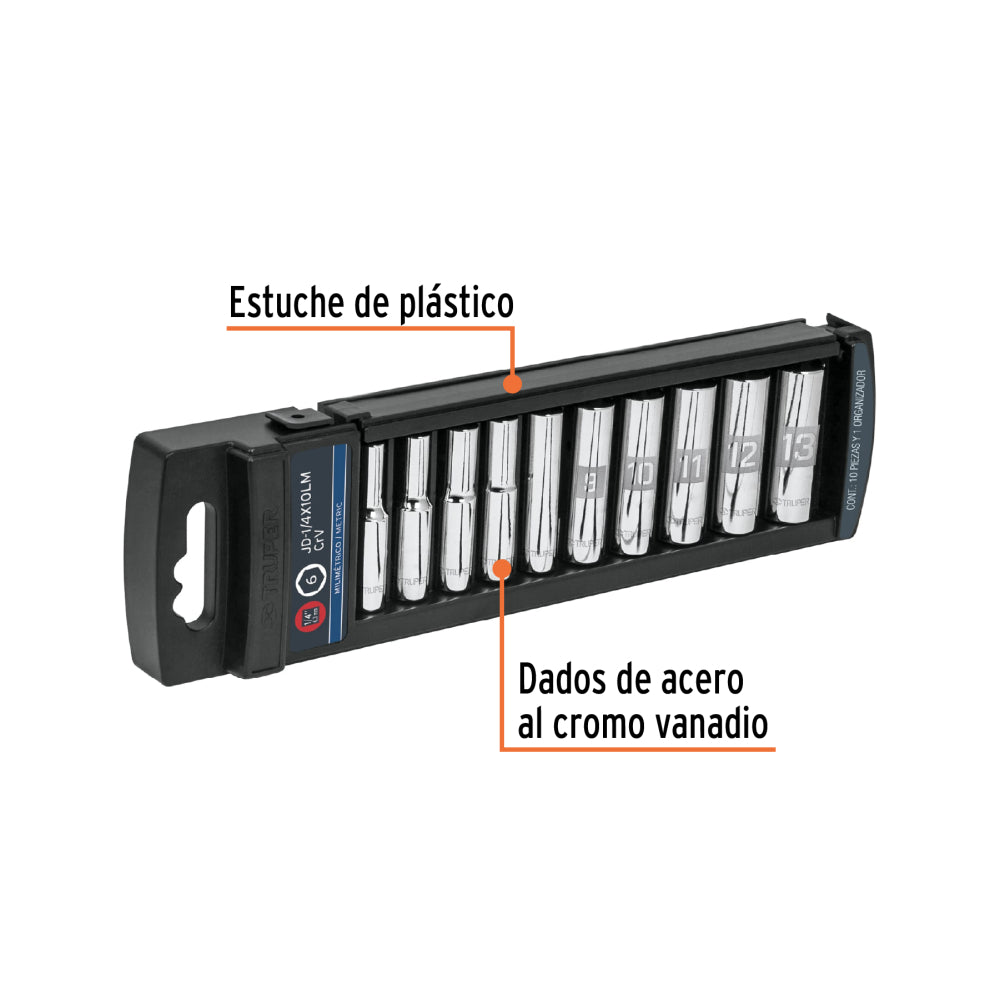 JUEGO DE 10 DADOS LARGOS CUADRO 1/4" MM TRUPER