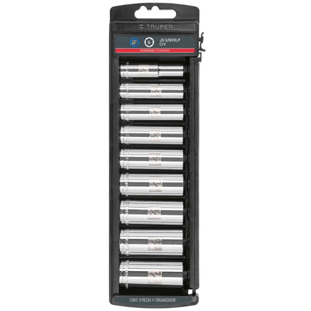 JUEGO DE 9 DADOS LARGOS CUADRADO 3/8 STD JD-3/8X9LP MCA TRUPER