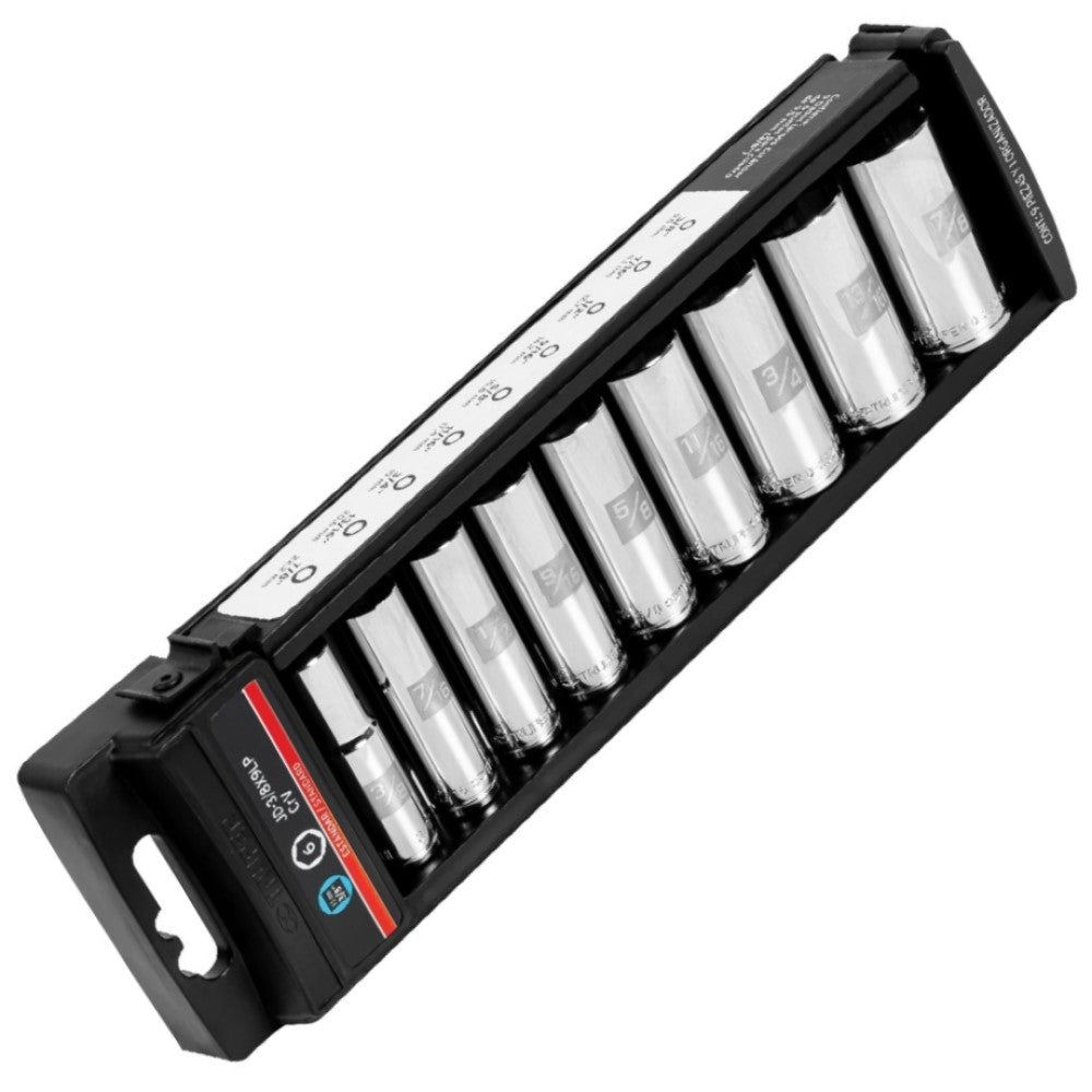 JUEGO DE 9 DADOS LARGOS CUADRADO 3/8 STD JD-3/8X9LP MCA TRUPER