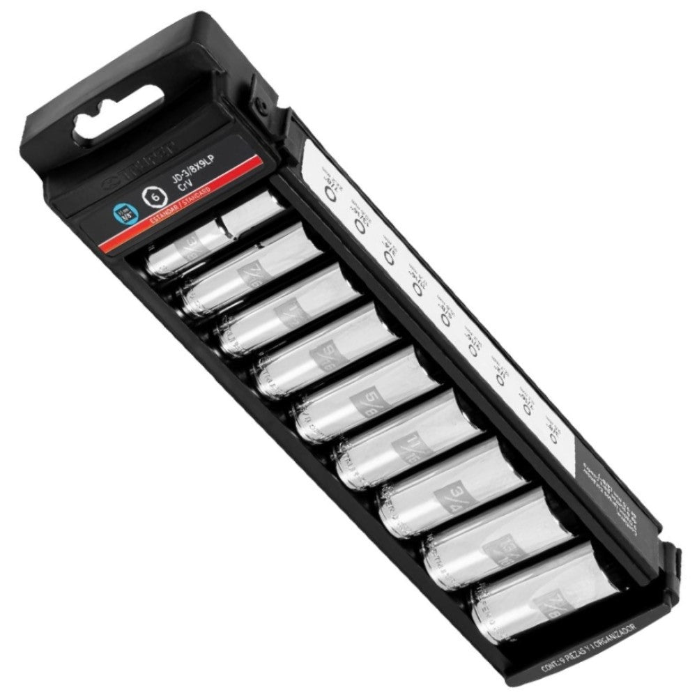 JUEGO DE 9 DADOS LARGOS CUADRADO 3/8 STD JD-3/8X9LP MCA TRUPER