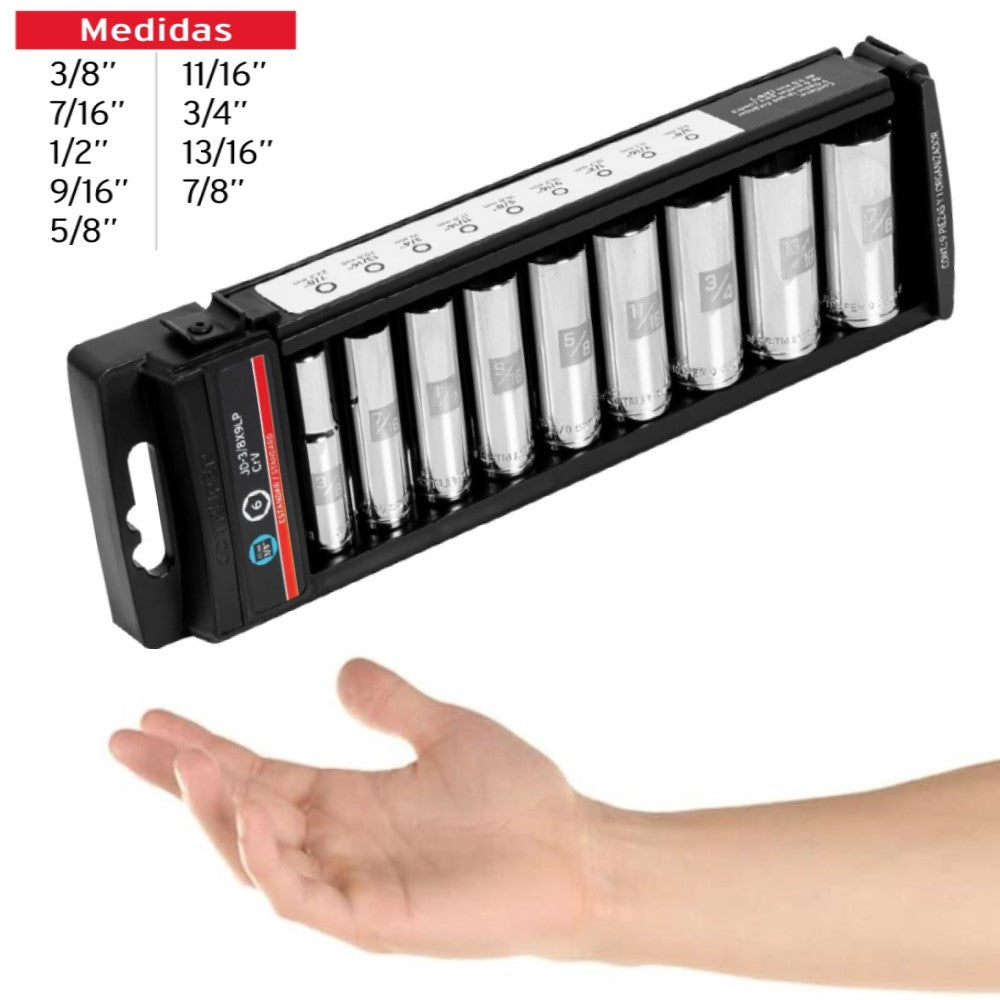 JUEGO DE 9 DADOS LARGOS CUADRADO 3/8 STD JD-3/8X9LP MCA TRUPER