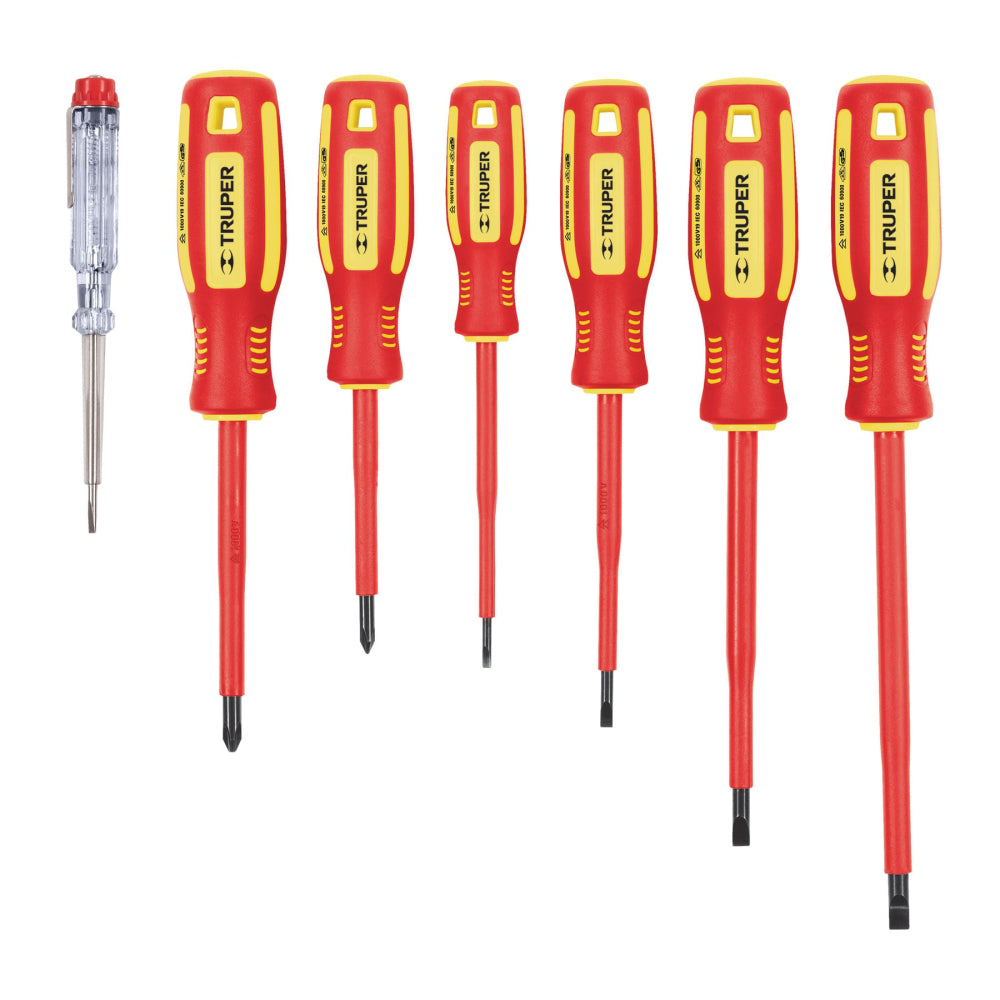 JUEGO 6 DESARMADORES DIELECTRICOS Y 1 PROBADOR DECORRIENTE MCA TRUPER MECANICA