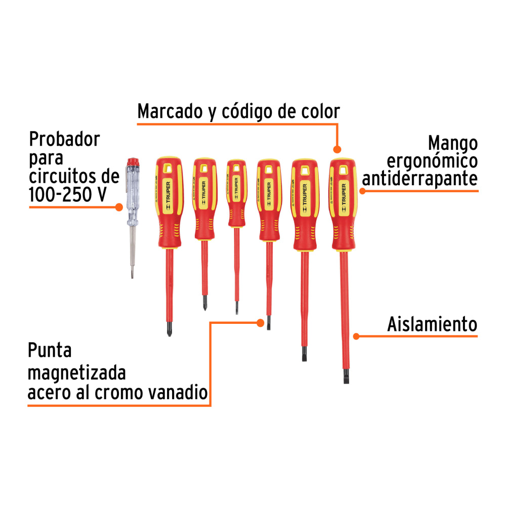 JUEGO 6 DESARMADORES DIELECTRICOS Y 1 PROBADOR DECORRIENTE MCA TRUPER MECANICA